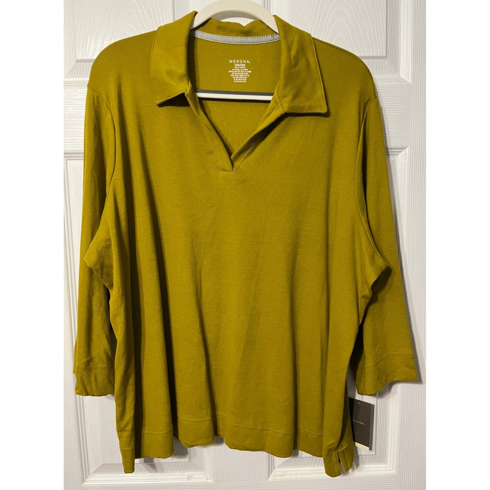 Merona Woman‎ 24W/26W Polo Shirt 3/4 Sleeve Moss Green Top Plus Size